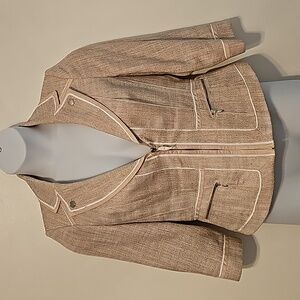 White House Black Market Beige Textured Zip Blazer with Contrast Trim